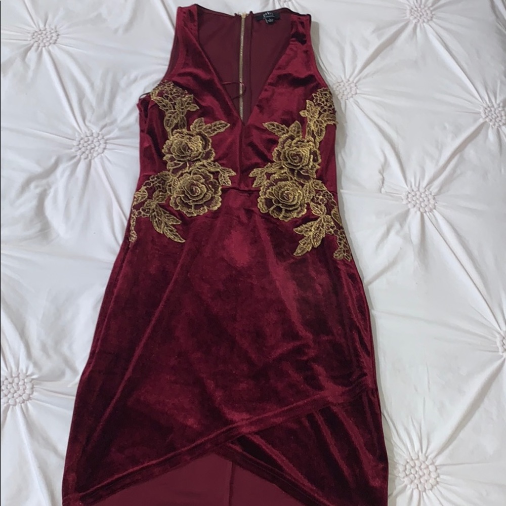 Maroon and gold velvet dress.